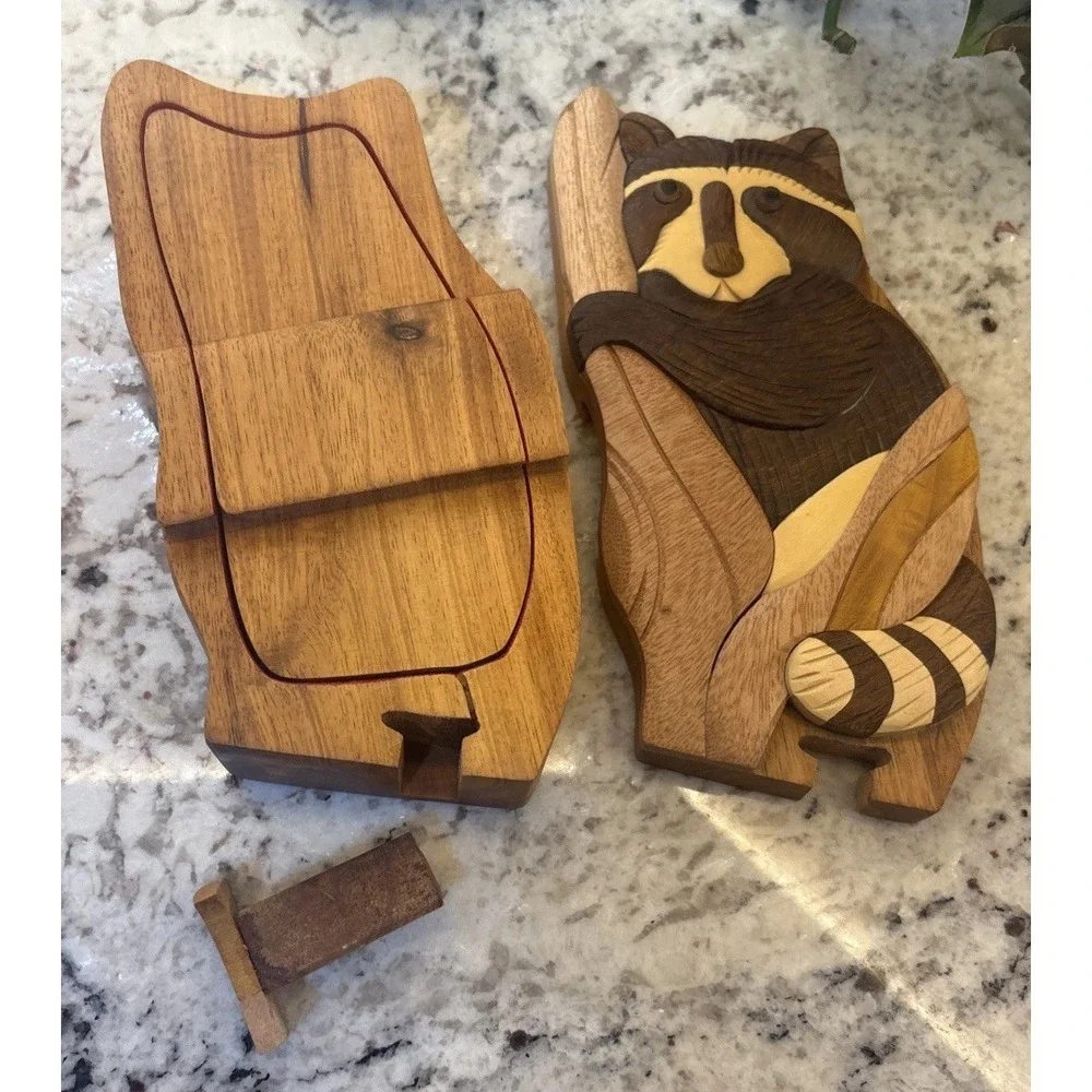 Hand crafted 3D Intarsia Wood Art RACCOON Puzzle Wooden Box Wild‎ Animal